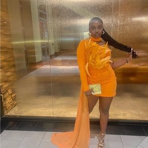 This is a beautiful orange dress with feathers! Perfect for fancy events!